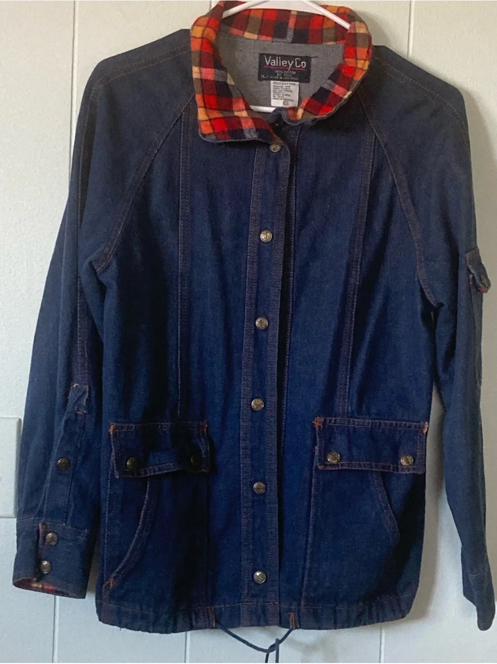 VALLEY CO SZ L Women's Denim Jacket with Red Plaid Collar 100% cotton VINTAGE